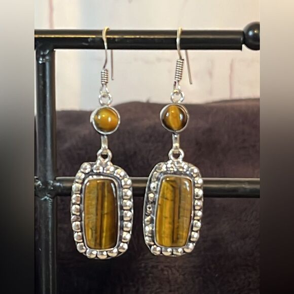 NWT TIGERS EYE 925 STERLING SILVER DANGLE EARRINGS ARTISAN CRAFTED 2” - Picture 1 of 8